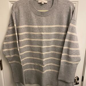 LOFT Gray and Cream Striped Crew Neck Sweater